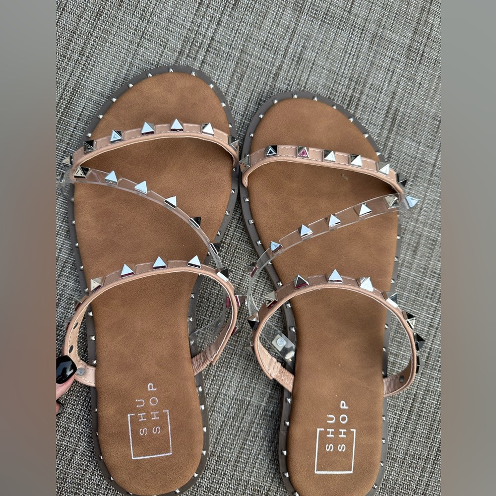 Brand New Shu Shop Stud sandals. Tan and clear with silver studs. In box